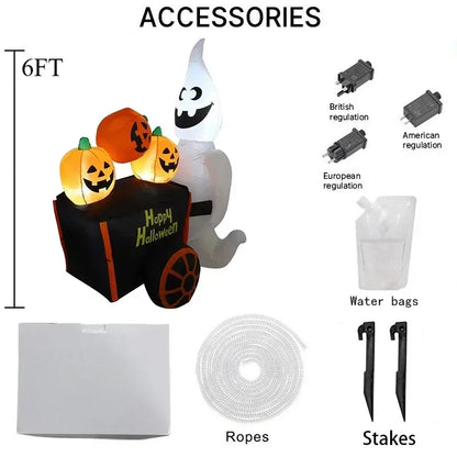 6FT Halloween Outdoor Holiday Decorations Inflatable Toys Ghost Push Pumpkin Cart with LED Lights Outdoor Party Inflatable Model