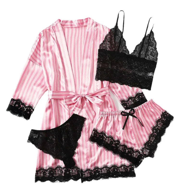 Romantic Bliss: Lace Satin 4-Piece Pajama Set