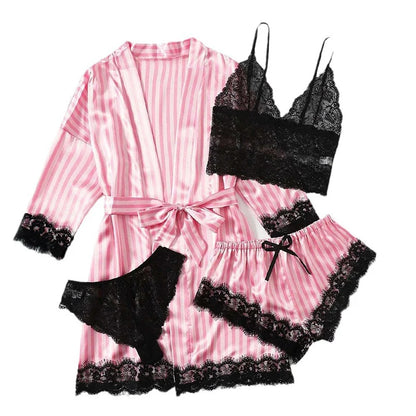 Romantic Bliss: Lace Satin 4-Piece Pajama Set