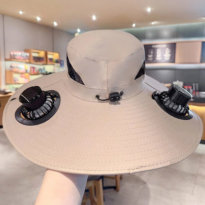 Multi-Function Solar Fan Sun Hat - Waterproof Fishing Hat with Built-In USB Charging & Wide Brim for UV/Heat Protection