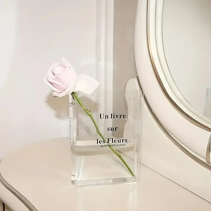 Jarrón transparente para libros, jarrón acrílico estético, jarrón único para flores, para una bonita decoración de estantería, jarrón de estilo moderno, decoración de habitación, recipiente floral