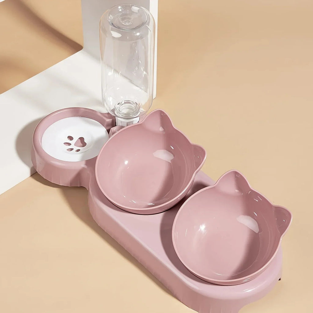 Pet Bowls With Water Feeder, 3 In 1 Ear Design Tilted Cat Water And Food Bowl Set With Gravity Water Bottle For Neck Protection Archie Pets Store