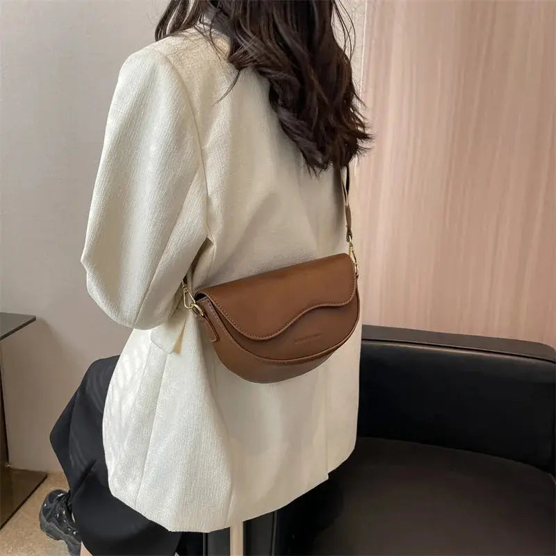 Women Vintage Solid Color Flap Small Saddle Shoulder Underarm Bag Fashion PU Leather Wide Strap Crossbody Bag Yogodlns Official Store