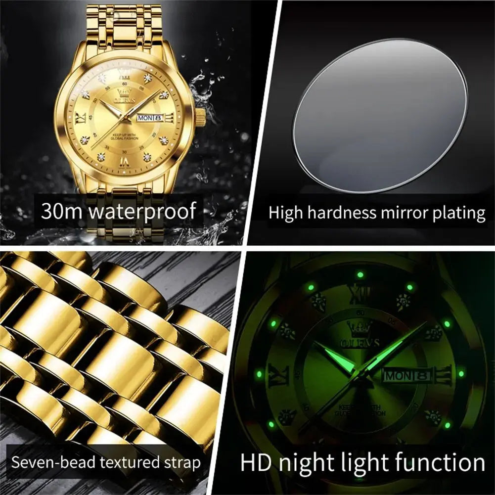 OLEVS Reloj de cuarzo para hombre con diamantes de lujo y oro, resistente al agua
