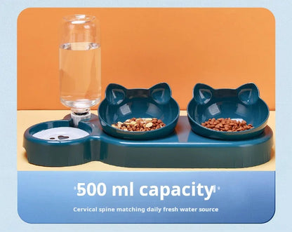Pet Bowls With Water Feeder, 3 In 1 Ear Design Tilted Cat Water And Food Bowl Set With Gravity Water Bottle For Neck Protection Archie Pets Store