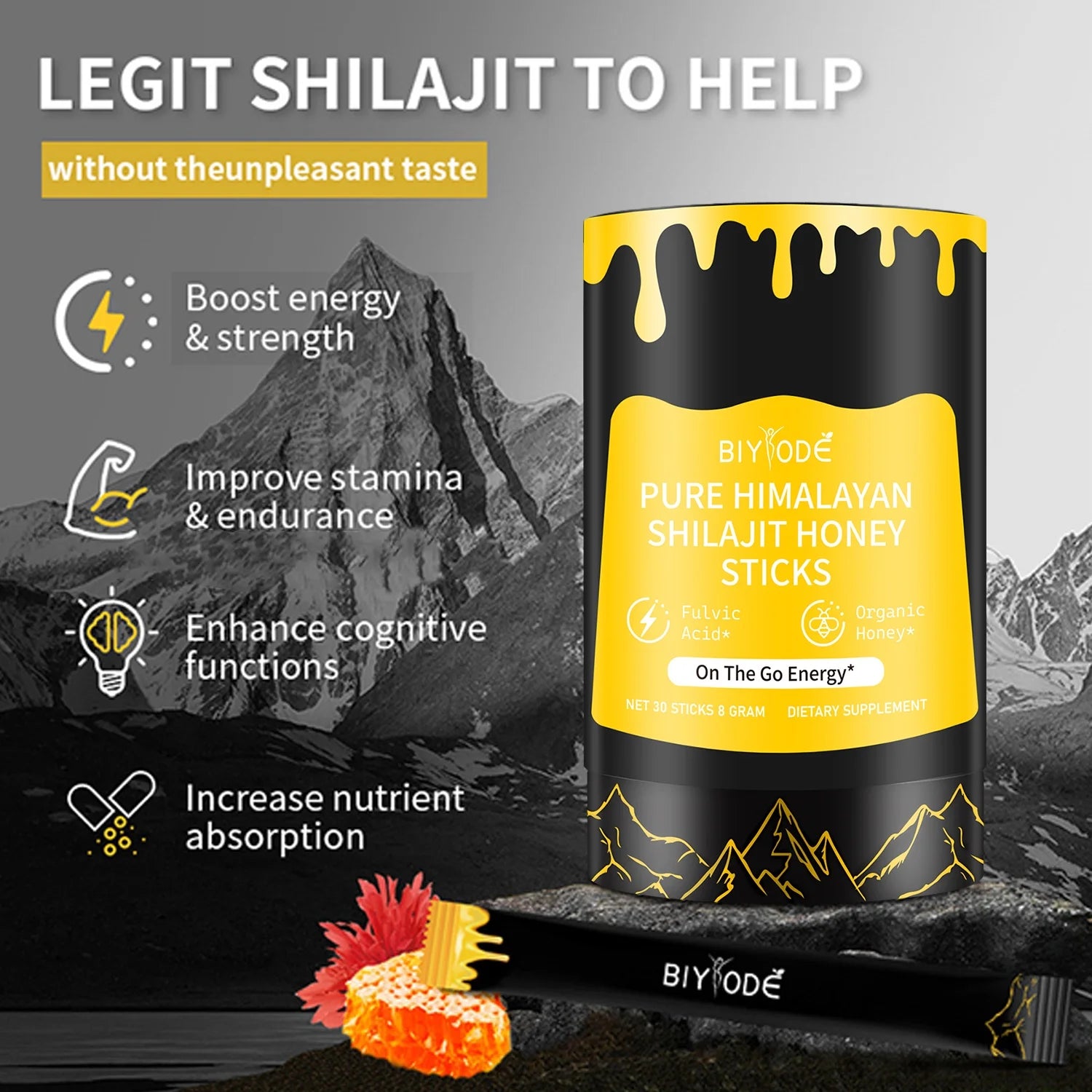 【BIYODE】Shilajit Honey Sticks - 100% Pure Natural Energy Boost Stick - 1.76 Oz Stick