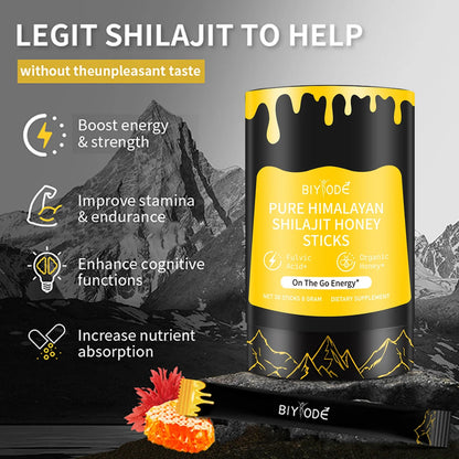【BIYODE】Shilajit Honey Sticks - 100% Pure Natural Energy Boost Stick - 1.76 Oz Stick