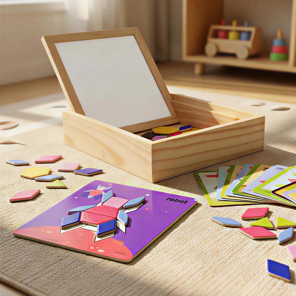BrainShape Tangram Box Wooden Puzzles For Kids 150 Challenge Cards