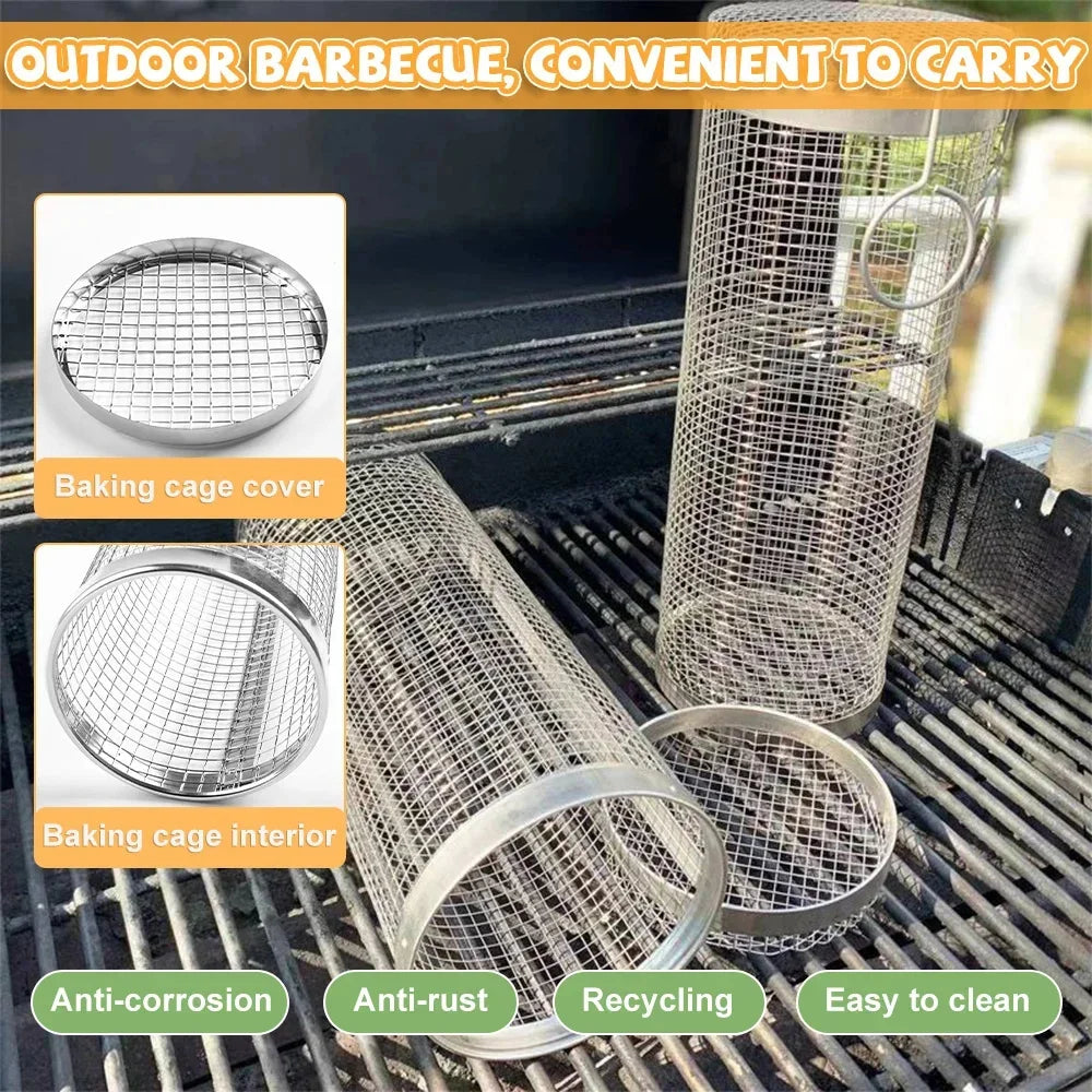 1PC BBQ Cage Rolling Stainless Steel Outdoor Grilling Basket Grill AliExpress