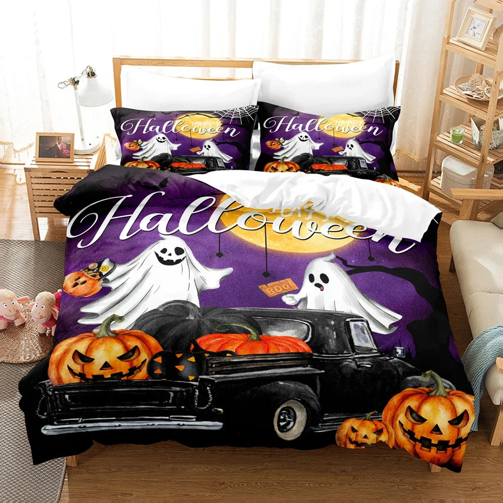 Juego de cama Feliz Halloween Impresión digital 3D Juego de 2-3 piezas (sin relleno) Adecuado para dormitorio Juego de funda nórdica Decoración de Halloween
