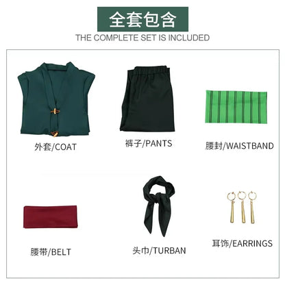 Roronoa Zoro Cosplay Anime Figures Costume Uniform Green Coat Pants Head Scarf Roronoa Zoro Wig Earrings Halloween Men Clothes