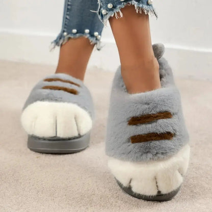 1 Pair Winter Plush Slippers Thick Non-Slip Insoles Cartoon Cat Design