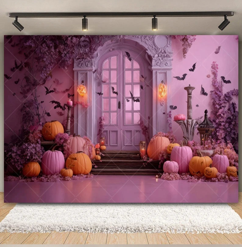 Halloween Retro Arch Family Portrait Photography Backdrop Pink Wall Pumpkin Bat Girls Kids Birthday Party Photo Background Decor