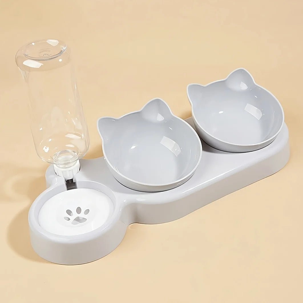 Pet Bowls With Water Feeder, 3 In 1 Ear Design Tilted Cat Water And Food Bowl Set With Gravity Water Bottle For Neck Protection Archie Pets Store