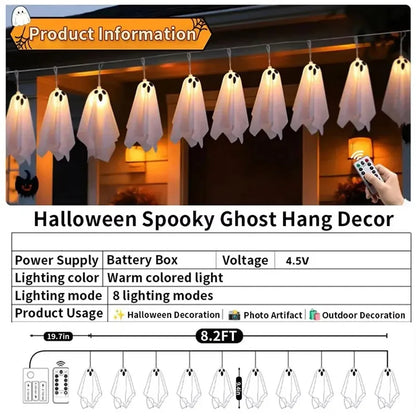 Halloween Ghost String Lights, 10PCS LED Spooky Hanging Ghosts Decor, Light Up Glow Garland, 8 Modes Waterproof String Garland