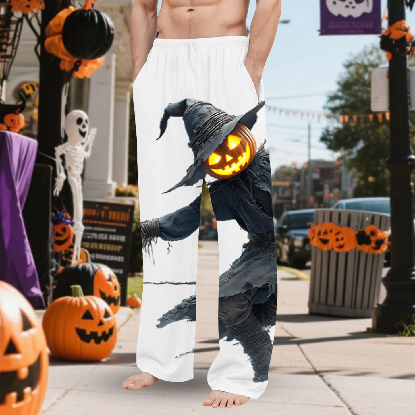 Men'S Halloween Glowing Pumpkin Bogy Printed Pocket Home Clothes Pajama Pants Bottoms Big Slipper