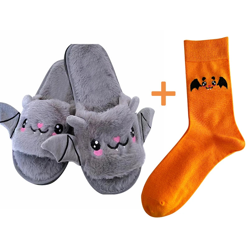 Halloween New Bat Plush Shoes Lightweight Home Fuzzy Slippers Women Men Flip Flops Cartoon Kid Adults Flat Slides for Party