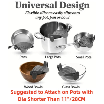 ClipFlow™ Adjustable Pot Strainer – Universal Cookware Drainer