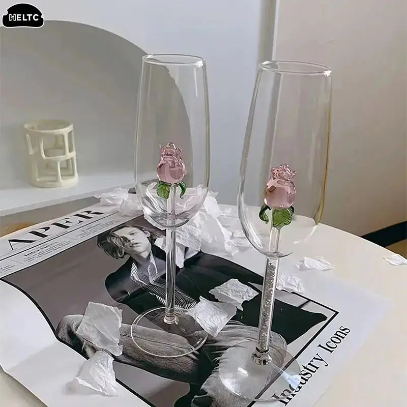 1*Rose Cocktail Glass Creative 3D Pink Glass Rose Built-in Wine Glass