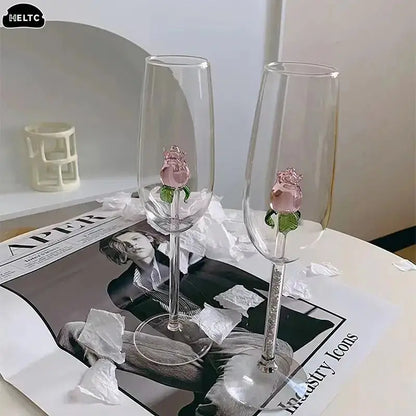 1*Rose Cocktail Glass Creative 3D Pink Glass Rose Built-in Wine Glass