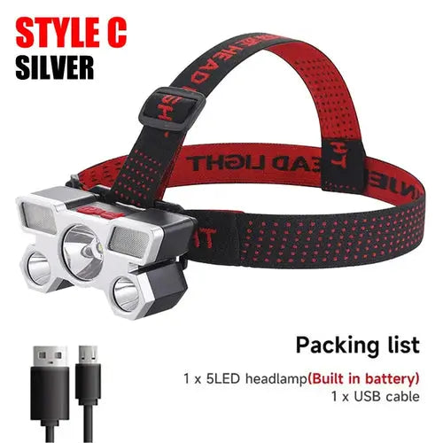 5 LED Headlamp Rechargeable with Built in 18650 Battery Strong Light