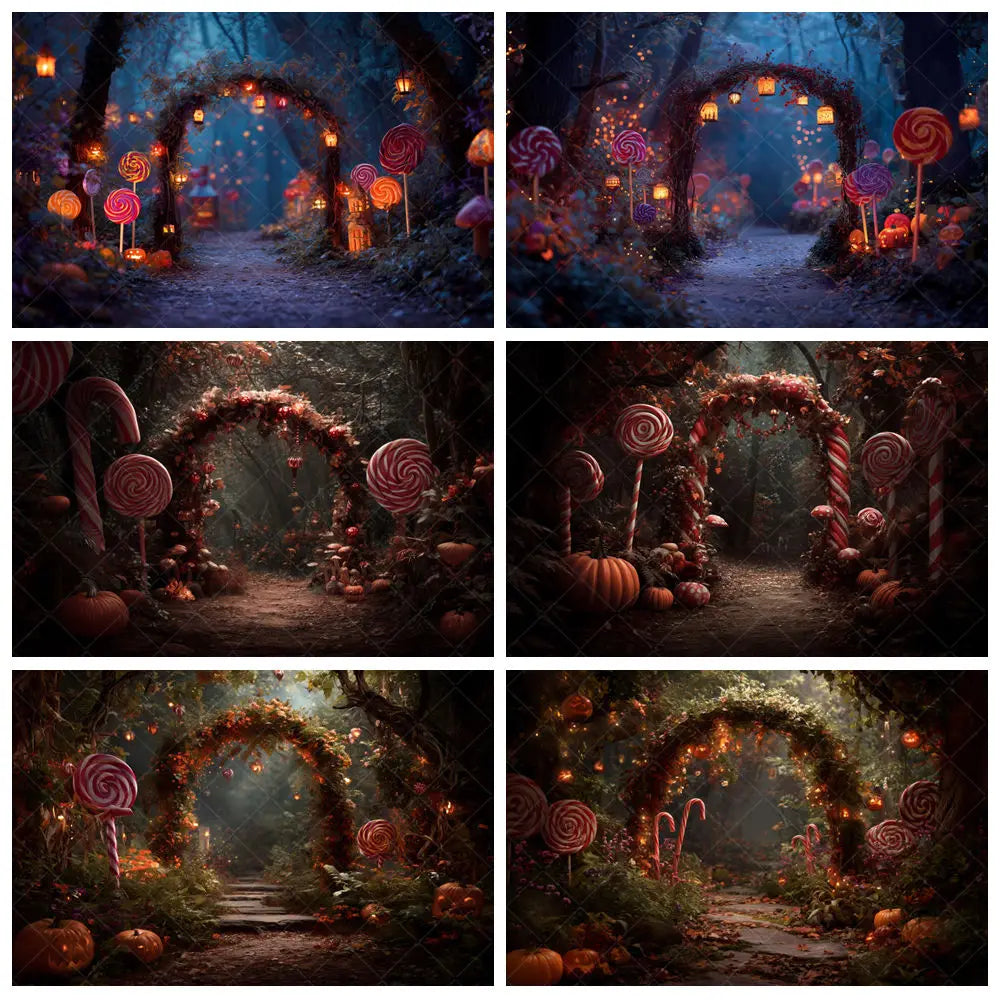 Halloween Lollipop Photography Backdrop Fantasy Forest Arch Pumpkin Lantern Festival Party Baby Portrait Photo Background Decor
