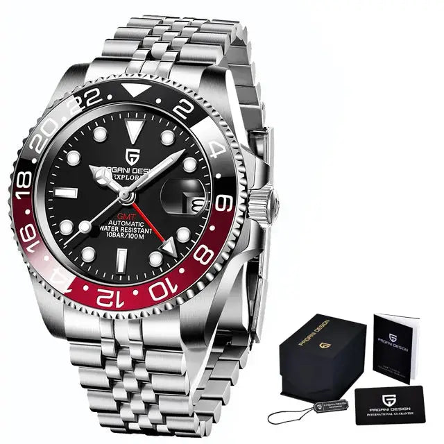 ELEGANCE® P1662 Men Watch Automatic Mechanical GMT Wristwatch Sapphire Glass Stainless Steel 100M Waterproof PAGANI DESIGN Men Watch Store