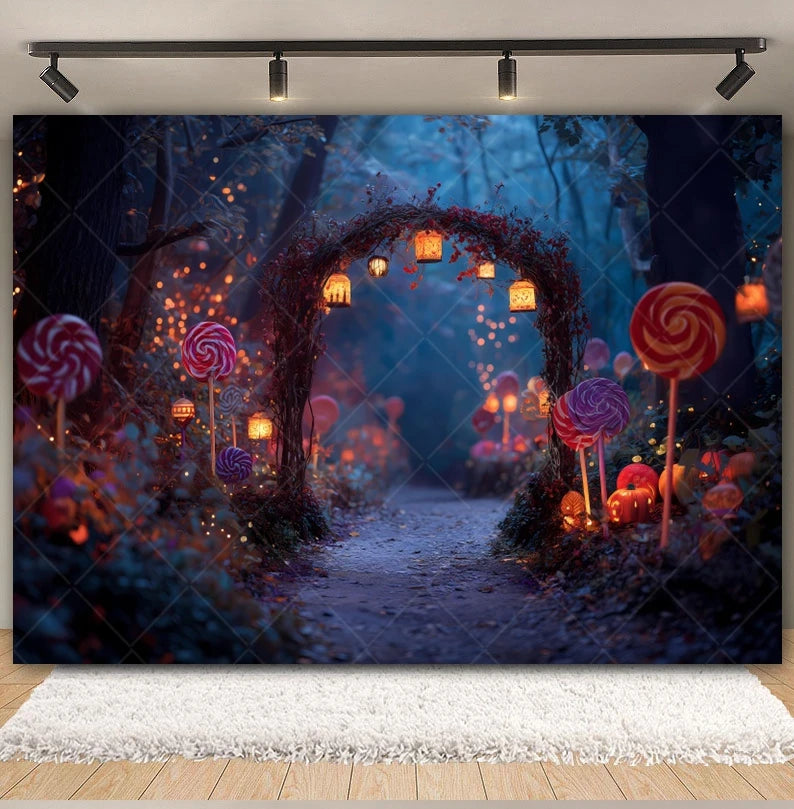 Halloween Lollipop Photography Backdrop Fantasy Forest Arch Pumpkin Lantern Festival Party Baby Portrait Photo Background Decor
