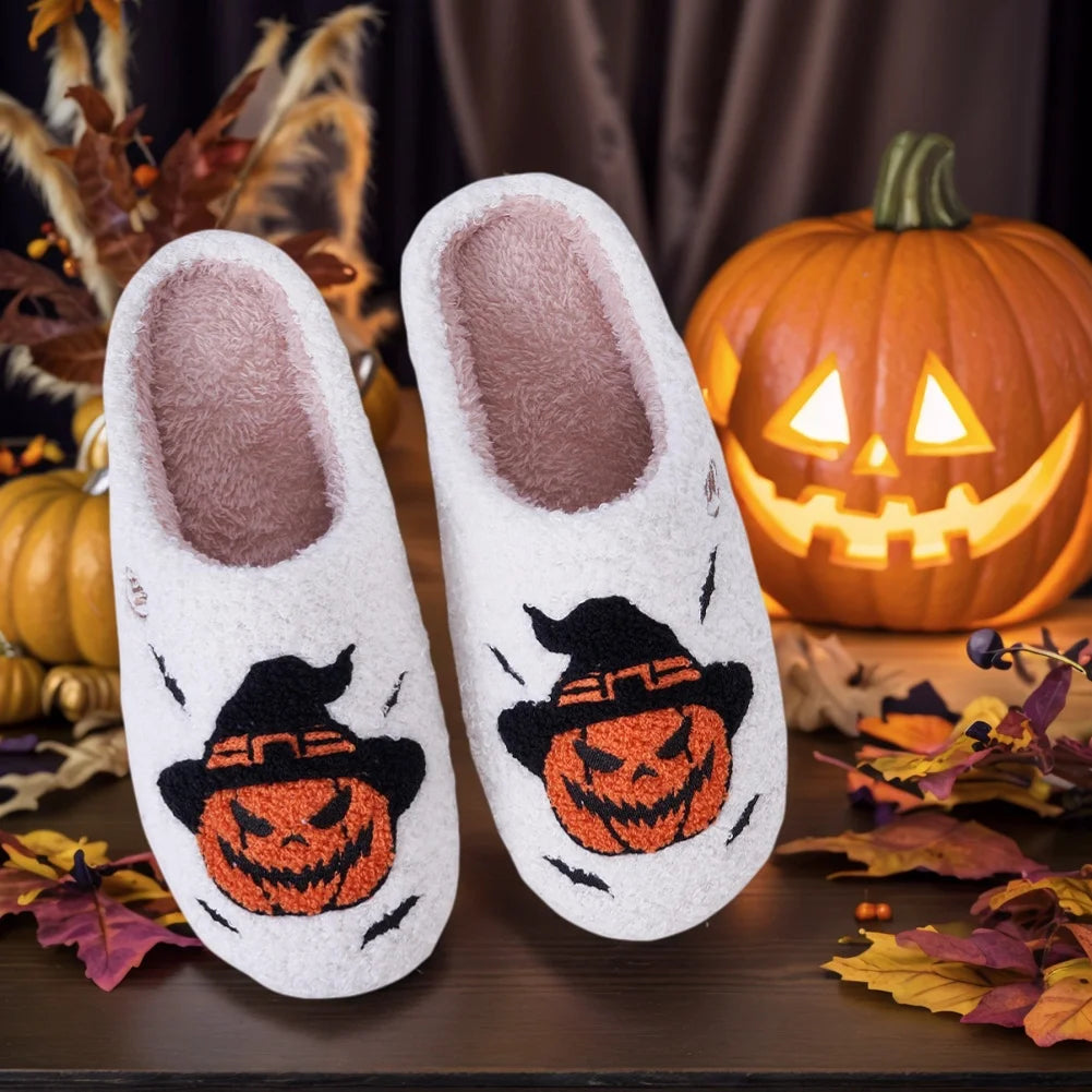 Halloween Pumpkin Slippers Furry Pumpkin Bat Slippers Comfortable Fuzzy Witch Hat Pumpkin Slippers Anti Slip for Indoor Bedroom