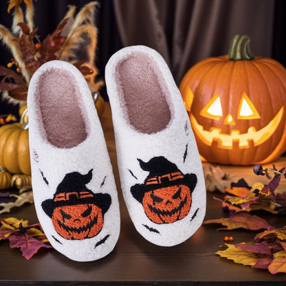 Halloween Pumpkin Slippers Furry Pumpkin Bat Slippers Comfortable Fuzzy Witch Hat Pumpkin Slippers Anti Slip for Indoor Bedroom
