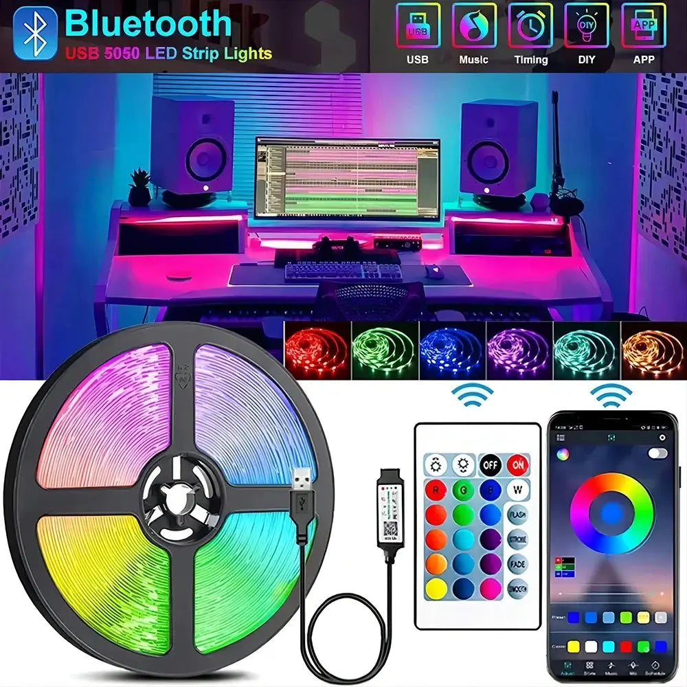 Tira de luces LED RGB 5050, control por aplicación Bluetooth, cinta LED USB de 5V