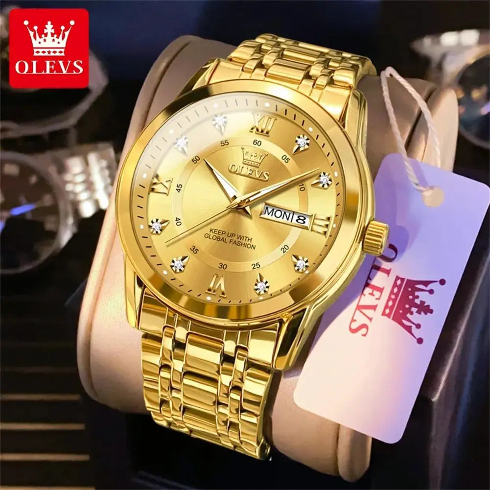 OLEVS Reloj de cuarzo para hombre con diamantes de lujo y oro, resistente al agua