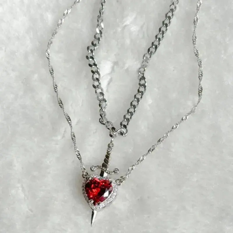 New Heart and Sword Necklace Set Gold Color Stainless Steel Crystal