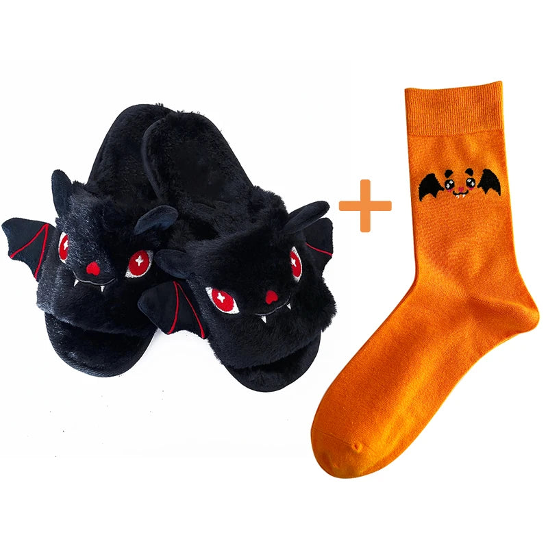 Halloween New Bat Plush Shoes Lightweight Home Fuzzy Slippers Women Men Flip Flops Cartoon Kid Adults Flat Slides for Party