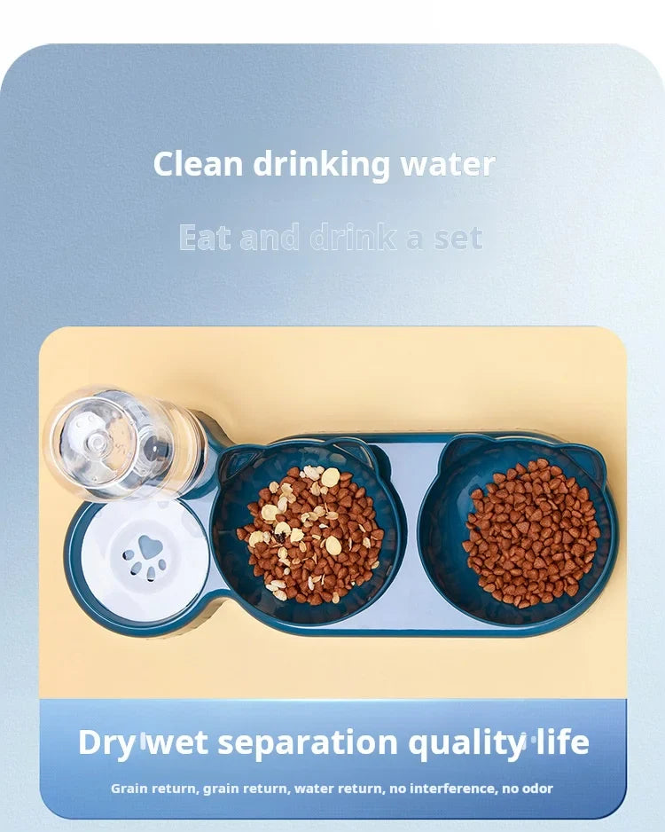 Pet Bowls With Water Feeder, 3 In 1 Ear Design Tilted Cat Water And Food Bowl Set With Gravity Water Bottle For Neck Protection Archie Pets Store