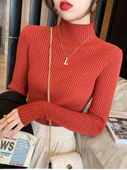 Elegant Solid Basic Knitted Tops Women Turtlneck Sweater Long Sleeve