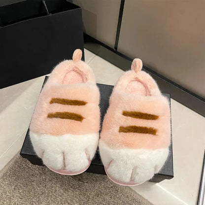 1 Pair Winter Plush Slippers Thick Non-Slip Insoles Cartoon Cat Design