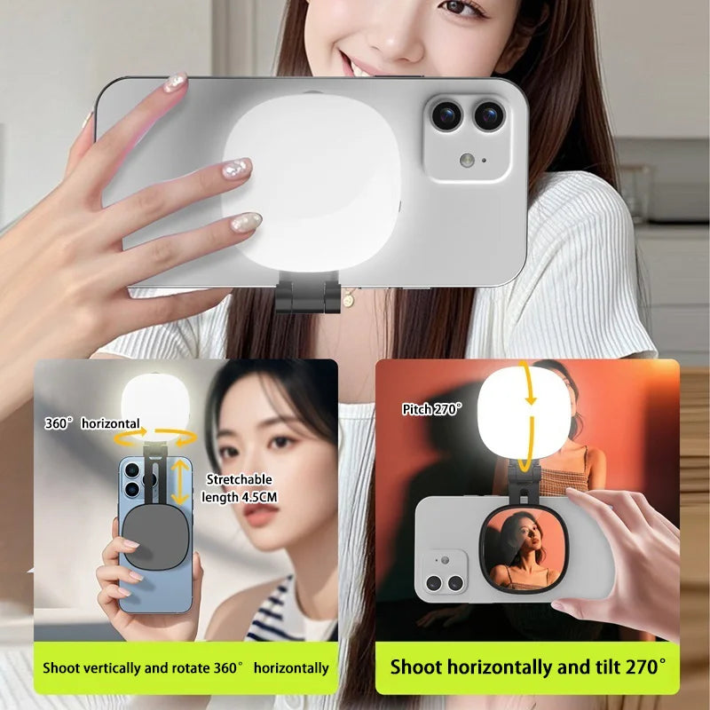 Luz de relleno magnética para selfis de teléfono móvil, fotografía en vivo, mini espejo de maquillaje portátil, luz LED plegable de bolsillo, soporte para teléfono móvil