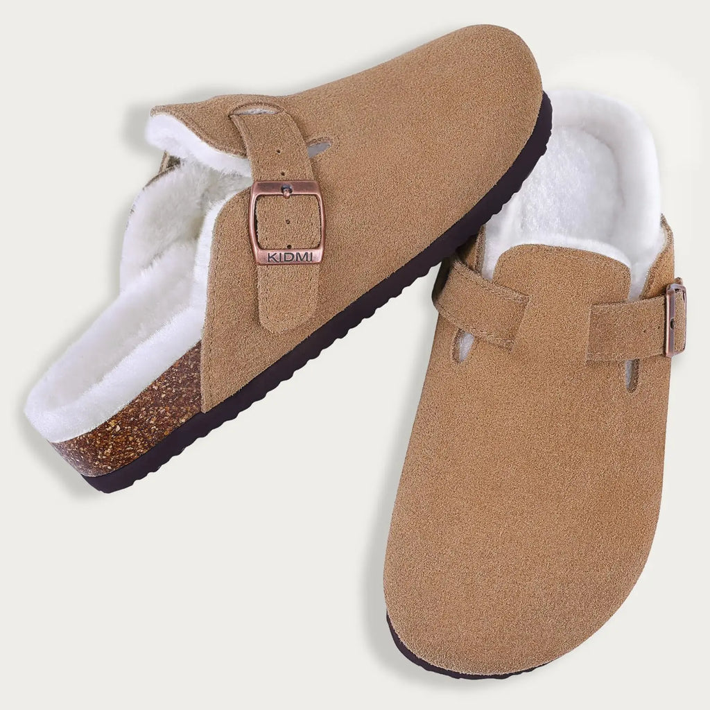 Pantuflas Zuecos de Gamuza y Piel para Mujer Shevalues, Plantilla Clásica de Corcho, Mules Peludas, Pantuflas de Invierno de Felpa, Pantuflas Planas de Corcho Cálidas para Exteriores