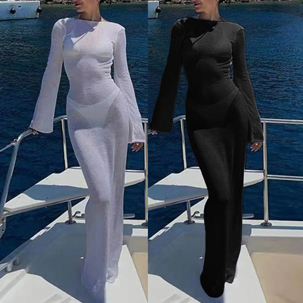 Vestidos Largos Tejidos de Manga Larga para Mujer, Bikini Sexy, Sin Espalda, Sólidos, a la Moda, Cubre Traje de Baño, Calados Transparentes, Vestido de Playa de Punto