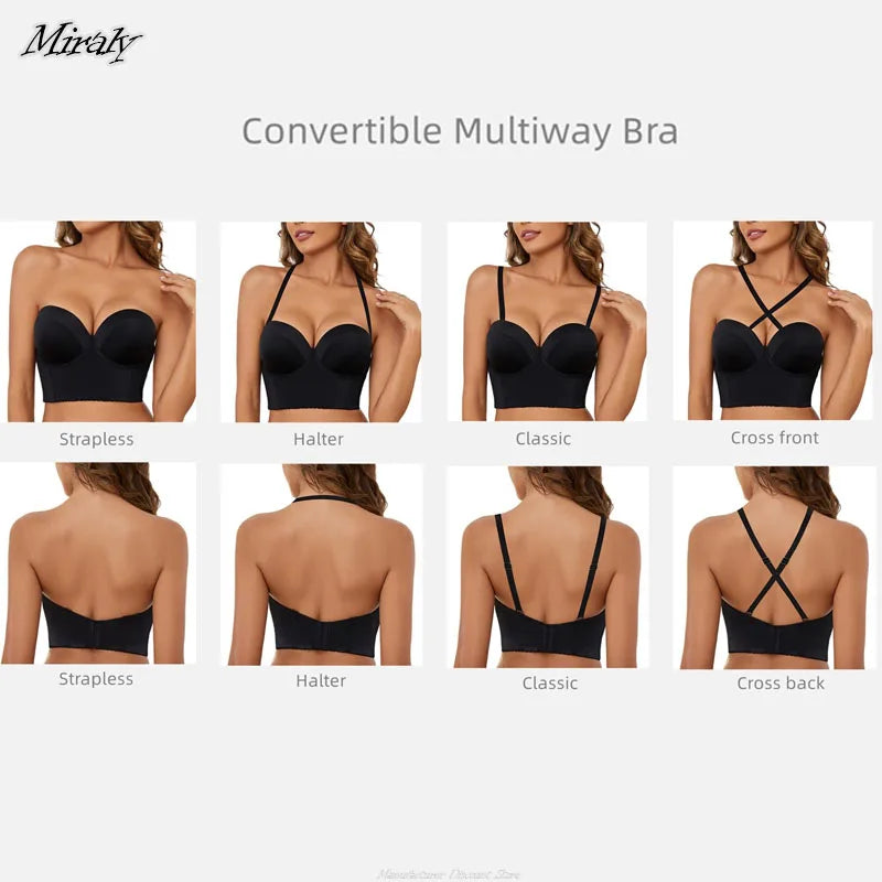 Full Support Non-Slip Convertible Bandeau Bra Women Low Back Anti-Slip Strapless Bra Longline Multi-Way Push Up Bra Underwear
