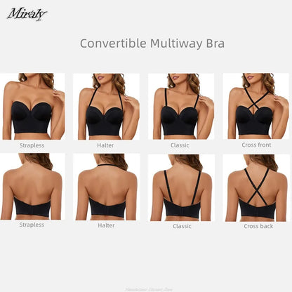 Full Support Non-Slip Convertible Bandeau Bra Women Low Back Anti-Slip Strapless Bra Longline Multi-Way Push Up Bra Underwear