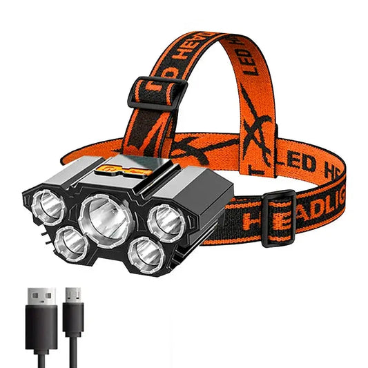 5 LED Headlamp Rechargeable with Built in 18650 Battery Strong Light