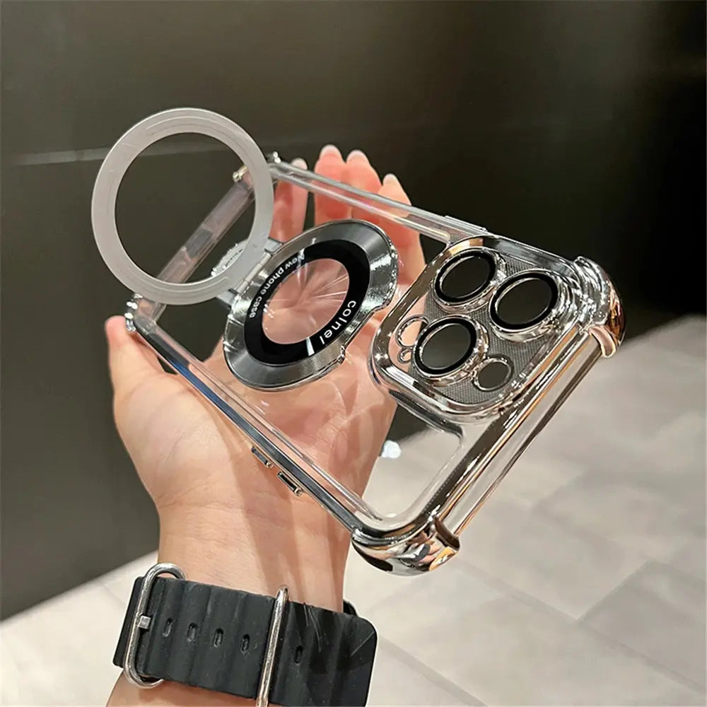 Luxury Plating Shockproof Magnetic Bracket For Magsafe Clear Case For iPhone 15 16 14 13 12 11 Pro Max With Holder Stand Cover SZDBR Store