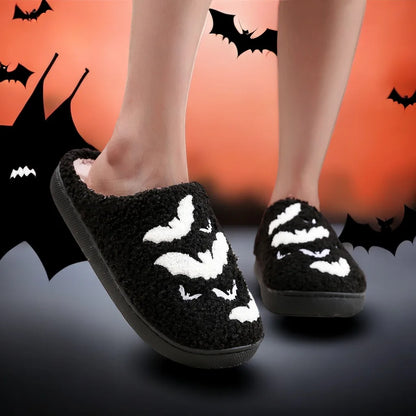 Halloween Bat Pattern Embroidered Plush Home Thick-Soled Comfortable Woolen Cotton Slippers Personalized Warm Non-Slip Indoor Slippers for Men and Women Can Wear Holiday Gifts