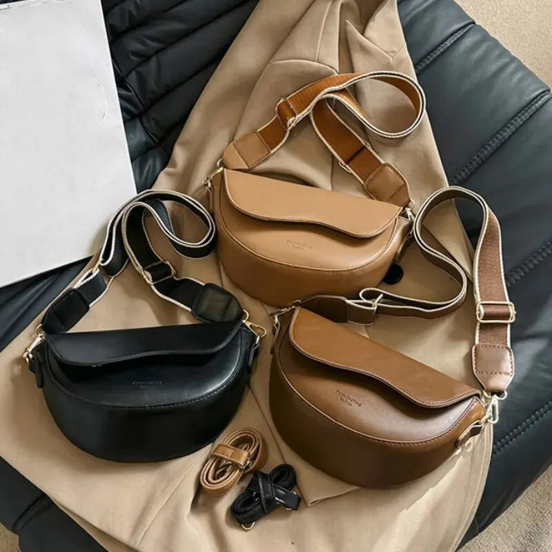 Women Vintage Solid Color Flap Small Saddle Shoulder Underarm Bag Fashion PU Leather Wide Strap Crossbody Bag Yogodlns Official Store