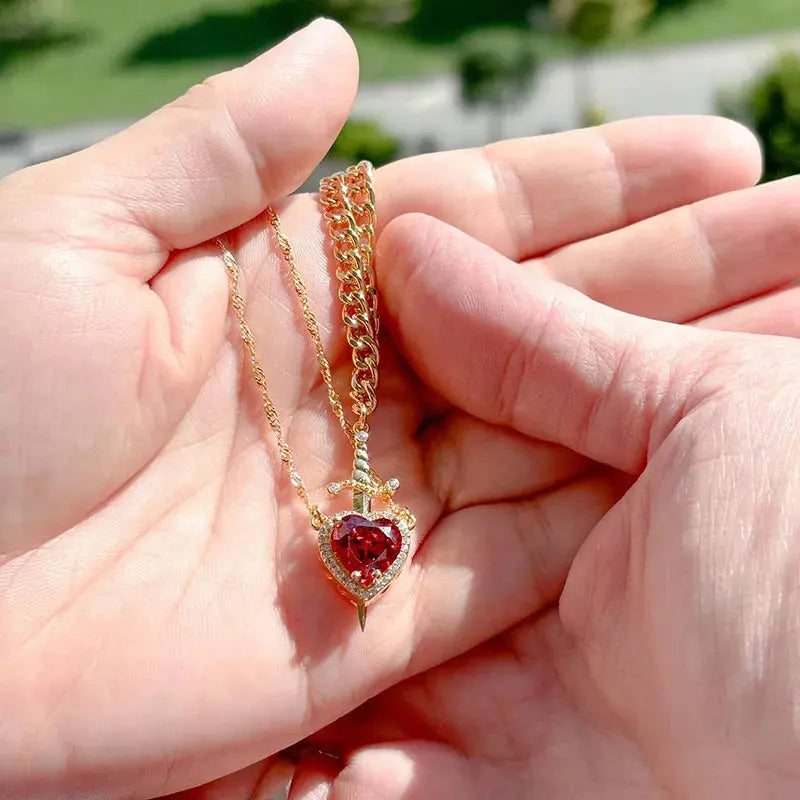 New Heart and Sword Necklace Set Gold Color Stainless Steel Crystal