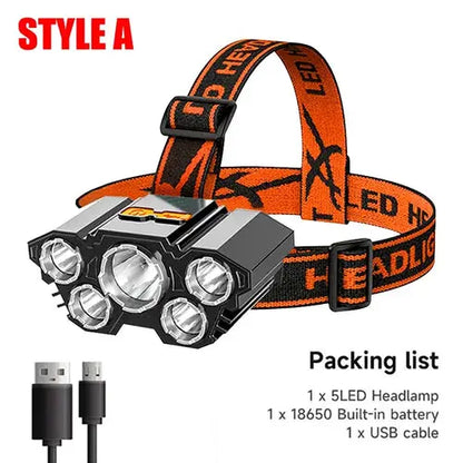 5 LED Headlamp Rechargeable with Built in 18650 Battery Strong Light