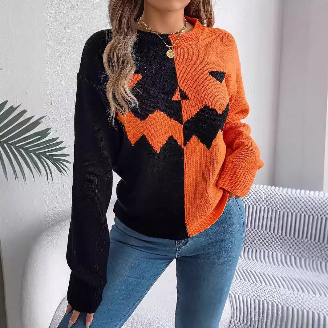 Halloween Asymmetric Color Block Sweater Jack O Lantern Face Pullover Crewneck Knit Top