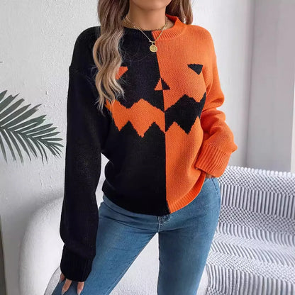 Halloween Asymmetric Color Block Sweater Jack O Lantern Face Pullover Crewneck Knit Top